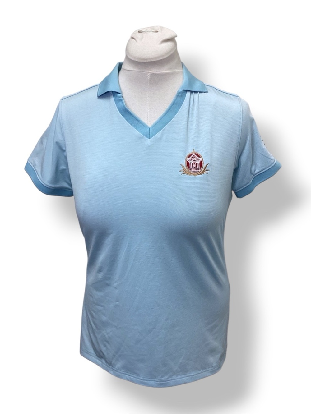 FootJoy Womens Short Sleeve V Neck Polo Shirt Golf Pinstripes Blue/White M